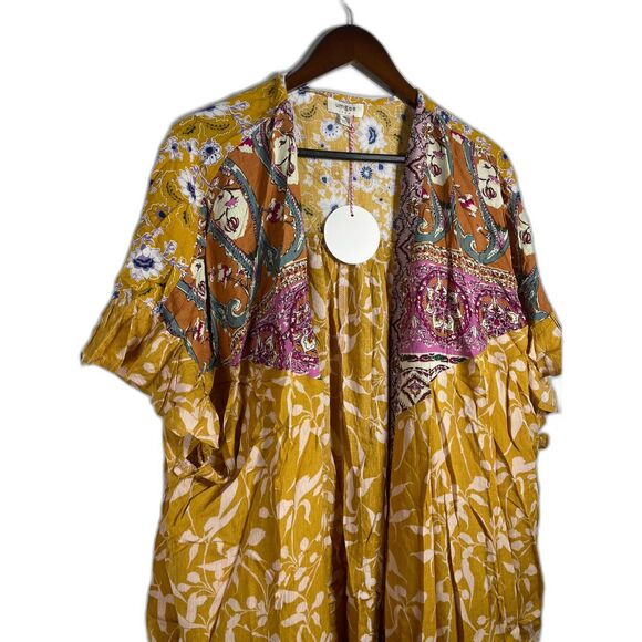 Umgee Boho Mixed Print Kimono Cardigan Paisley & Floral Gold Light Layer S M L - Picture 7 of 8
